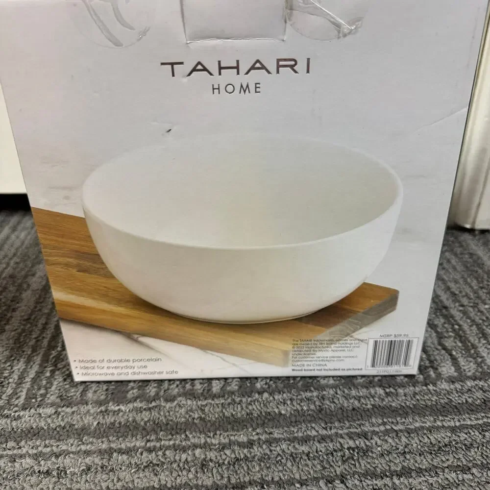 Tahari Home Porcelain Serving Bowl – 8.5” White Round Bowl – Microwave safe